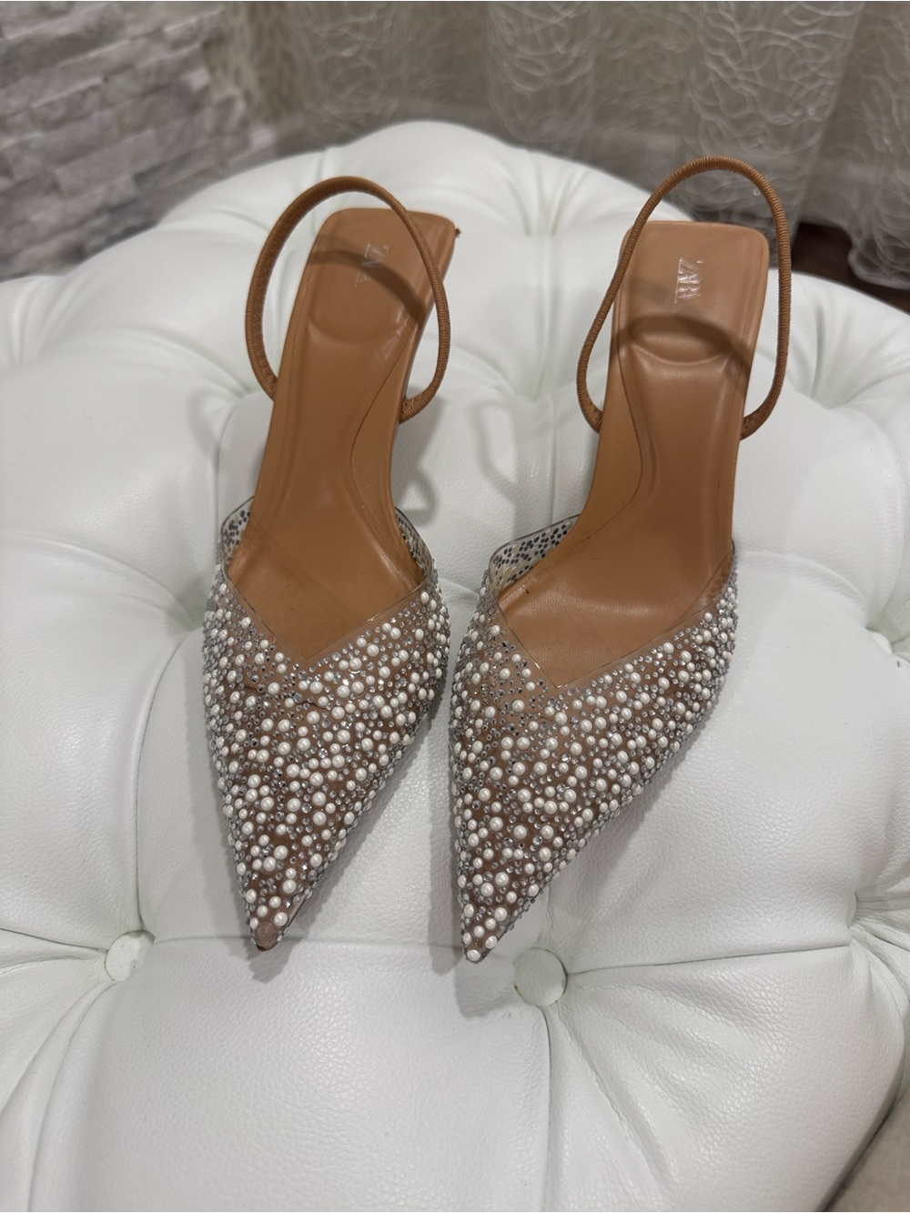 Zara Pearl-Embellished Pointed Slingback Heels in Tan and White